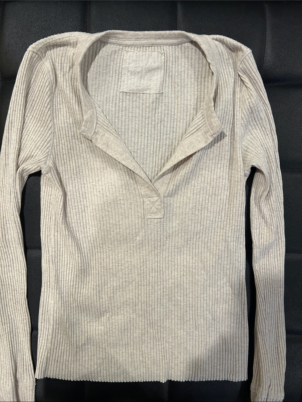 aerie Ribbed Long Sleeve Henley Top in Light Beige